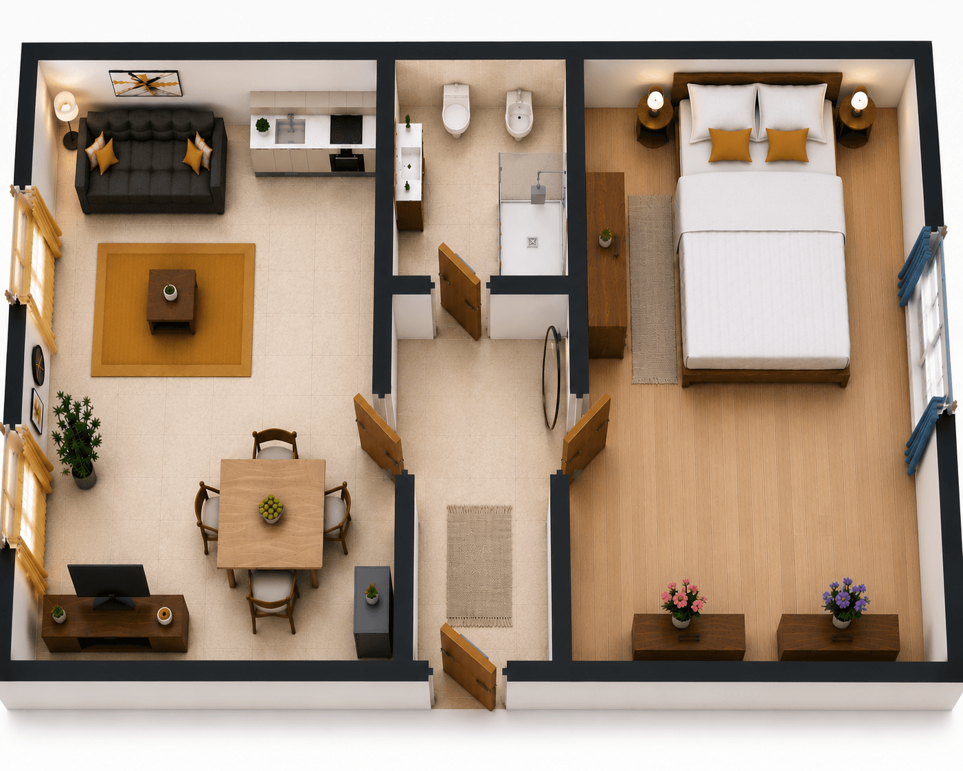 3D floor plan showing the Letna71 living area, kitchen, bathroom and bedroom