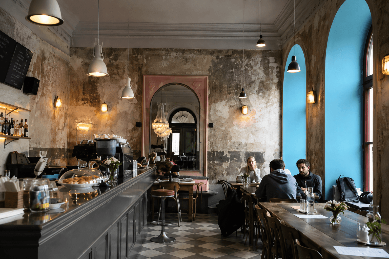 Cafe interior in Letna with tables and warm lighting