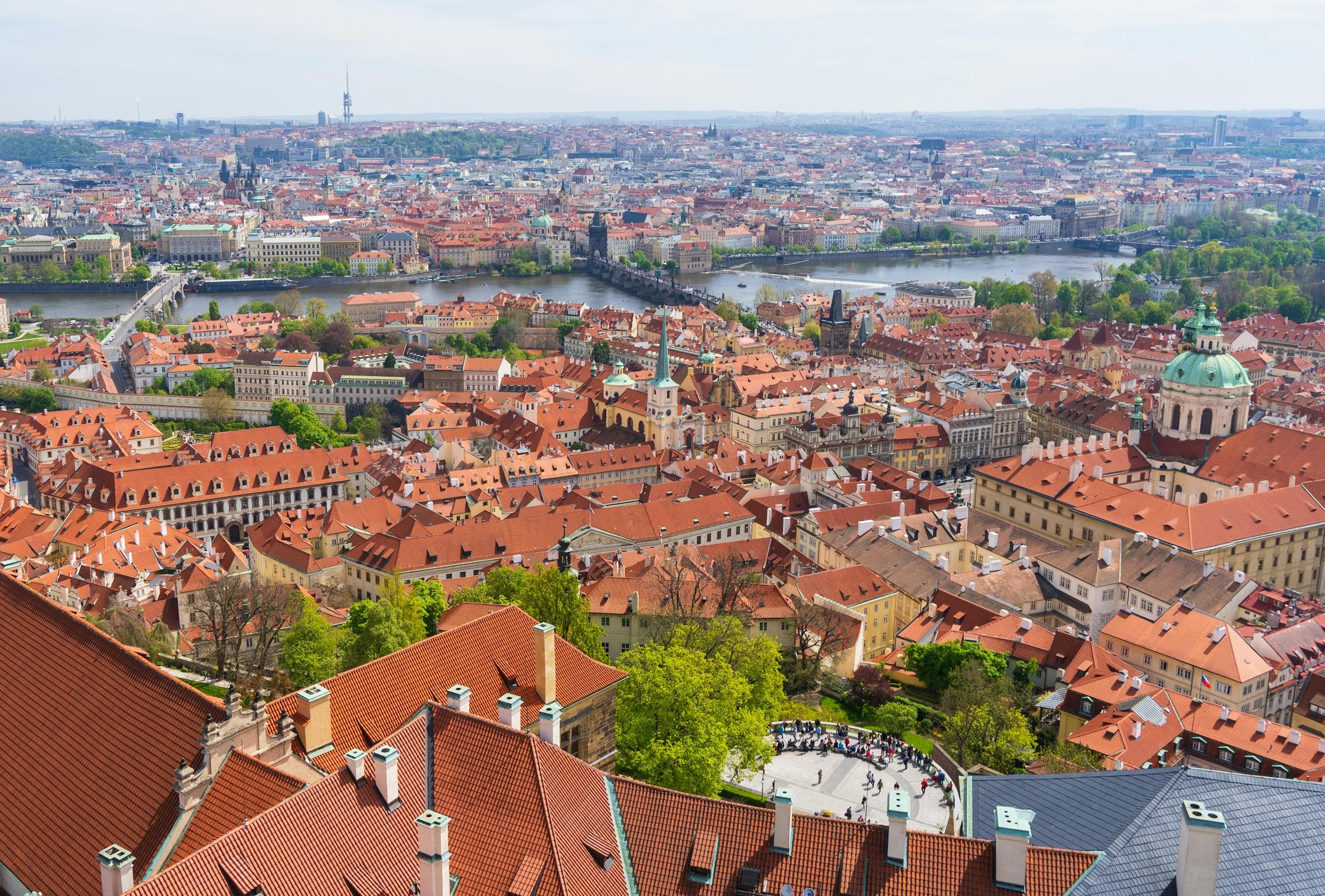 Cinematic view from Letna Park across the Vltava river toward Prague Old Town